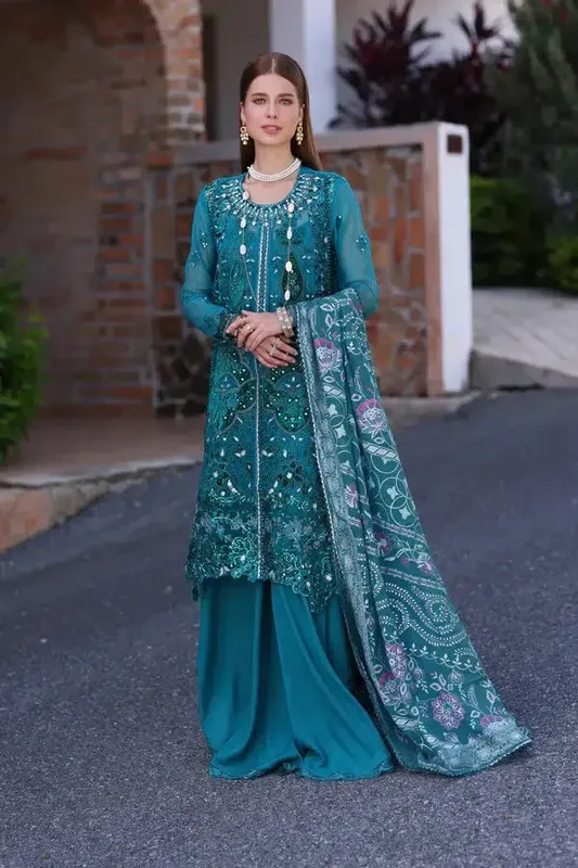 Noor by Saadia Asad Chiffon Formals 23 Teal Raw Silk – view 1 – Poshaq