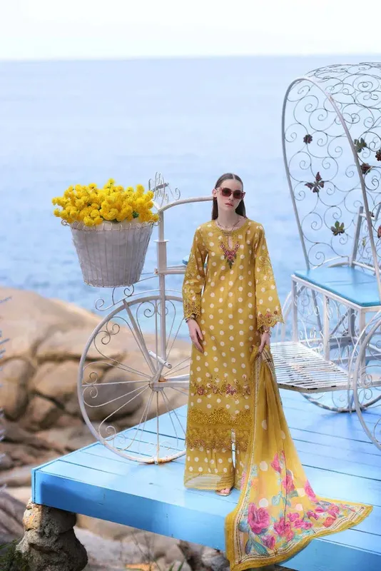Noor by Saadia Asad Luxe Printkari 24 Mustard Chiffon – view 1 – Poshaq