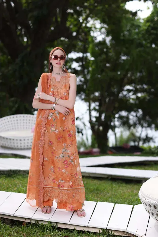 Noor by Saadia Asad Luxe Printkari 24 Orange Chiffon – view 1 – Poshaq