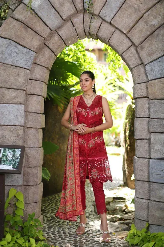 Noor by Saadia Asad Luxury Chikankari Lawn24 Red Cambric – view 1 – Poshaq