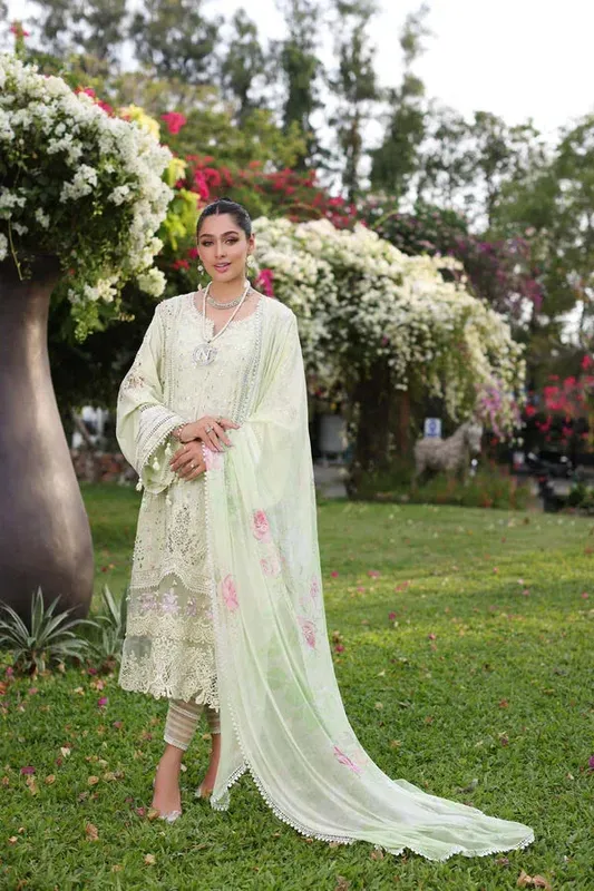 Noor by Saadia Asad Luxury Chikankari Lawn24 Green Chiffon – view 1 – Poshaq