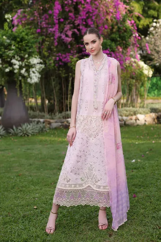 Noor by Saadia Asad Luxury Chikankari Lawn24 Pink Chiffon – view 1 – Poshaq