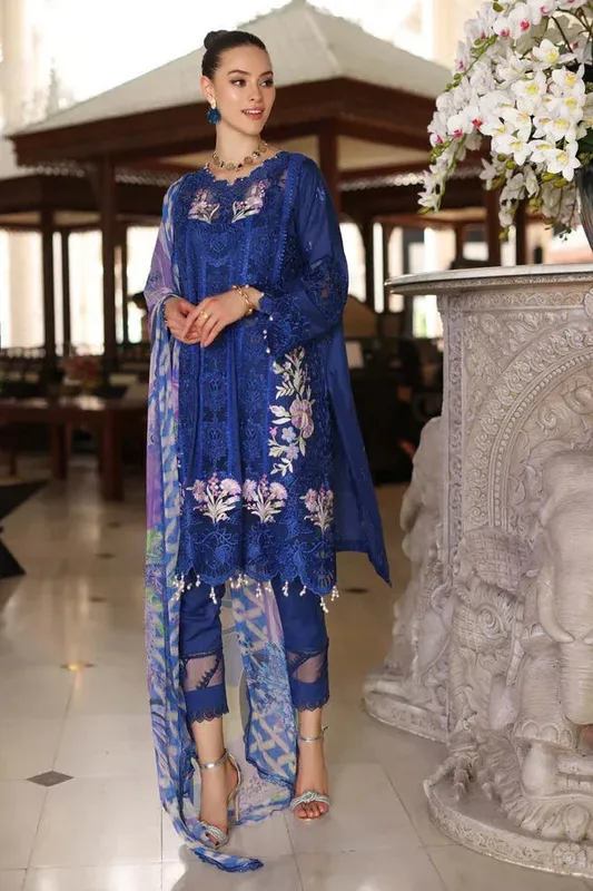 Noor by Saadia Asad Luxury Chikankari Lawn24 Blue Chiffon – view 1 – Poshaq