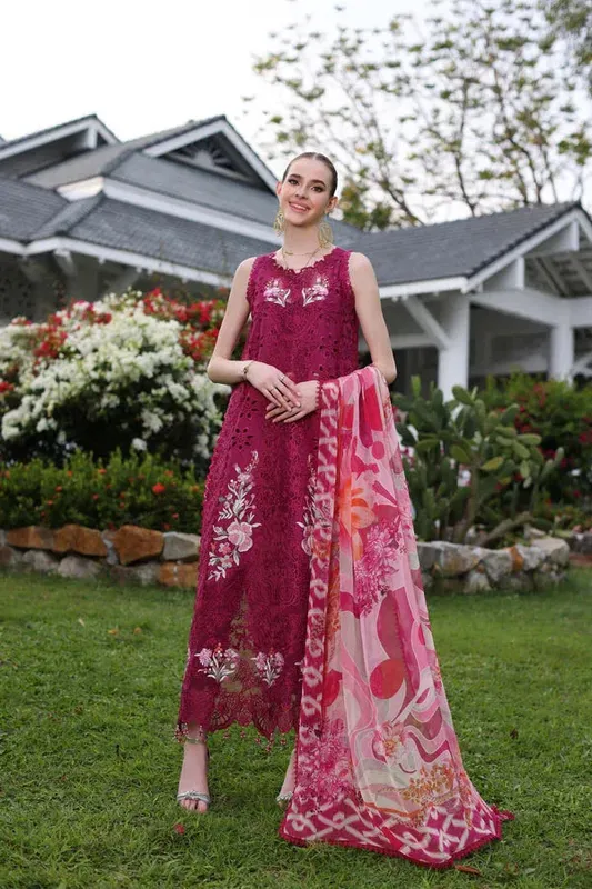Noor by Saadia Asad Luxury Chikankari Lawn24 Maroon Chiffon – view 1 – Poshaq