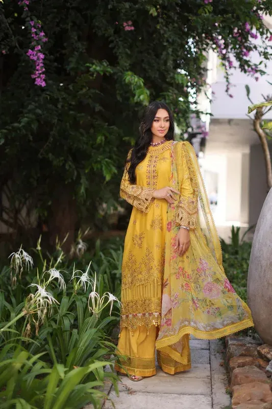 Noor by Saadia Asad Luxury Chikankari Lawn24 Mustard Chiffon – view 1 – Poshaq