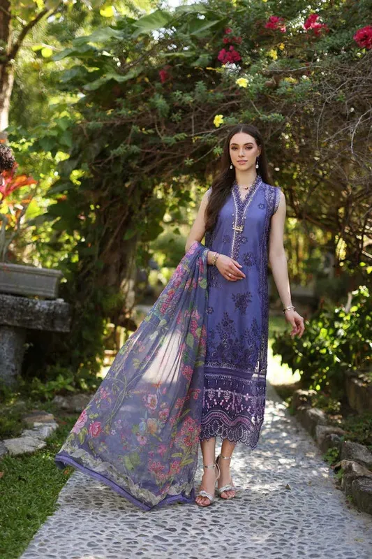 Noor by Saadia Asad Luxury Chikankari Lawn24 Blue Chiffon – view 1 – Poshaq