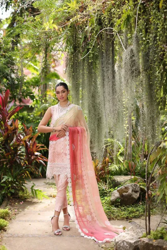 Noor by Saadia Asad Luxury Chikankari Lawn24 Peach Chiffon – view 1 – Poshaq