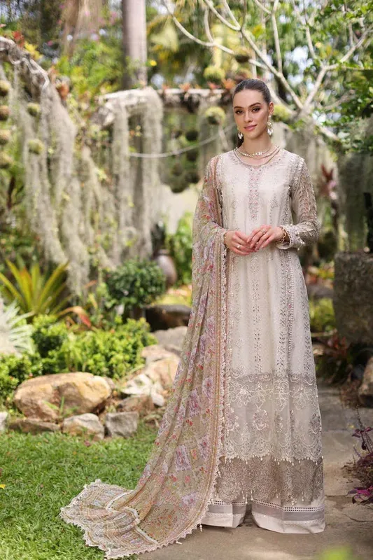 Noor by Saadia Asad Luxury Chikankari Lawn24 Beige Chiffon – view 1 – Poshaq