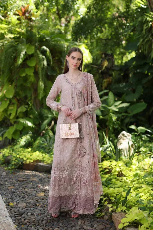 Noor by Saadia Asad Luxury Chikankari Lawn24 Pink Chiffon – view 1 – Poshaq