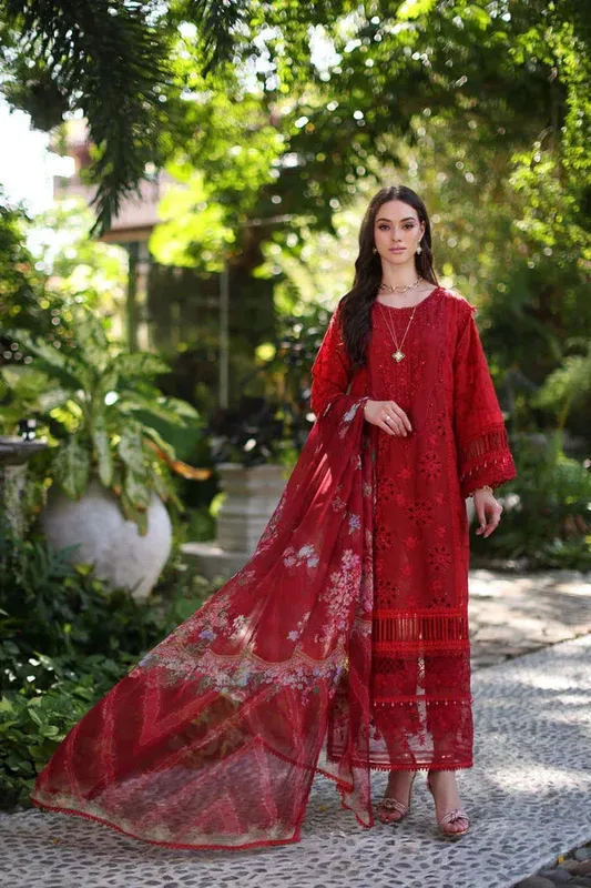 Noor by Saadia Asad Luxury Chikankari Lawn24 Red Chiffon – view 1 – Poshaq