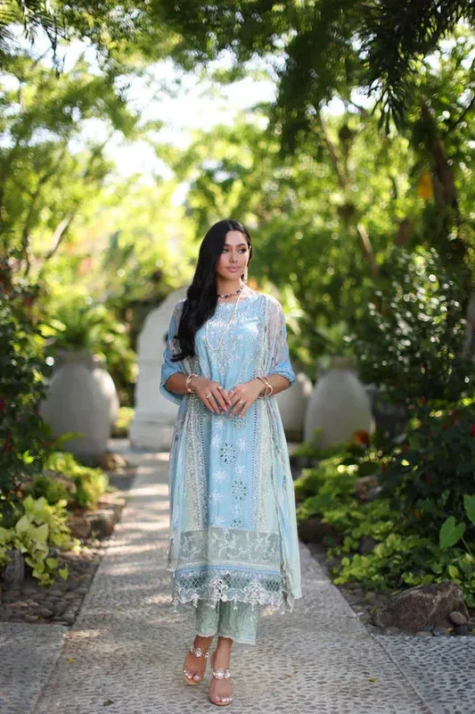 Noor by Saadia Asad Luxury Chikankari Lawn24 Sky Blue Chiffon – view 1 – Poshaq