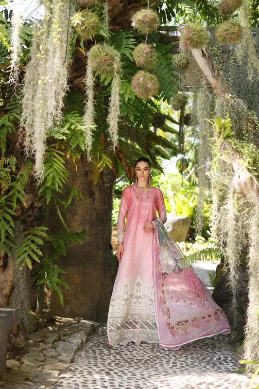 Noor by Saadia Asad Luxury Chikankari Lawn24 Pink Chiffon – view 1 – Poshaq