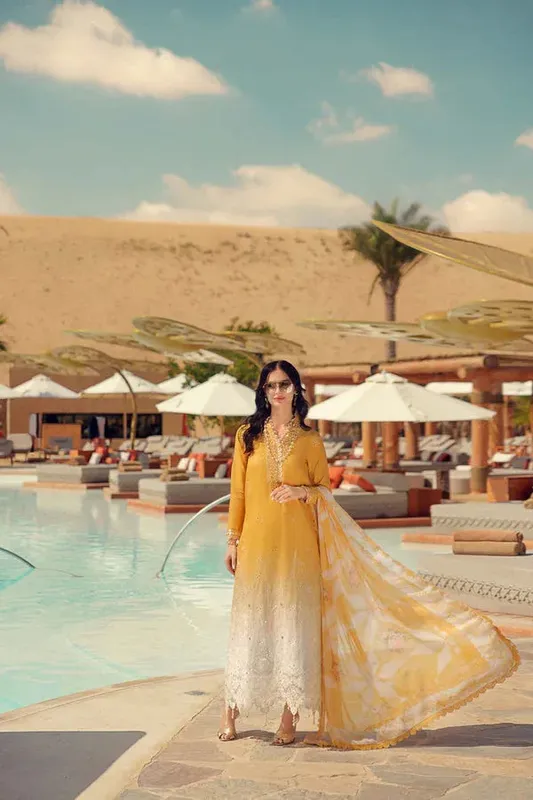 Noor by Saadia Asad Eid Laserkari Lawn 24 Mustard Cambric – view 1 – Poshaq