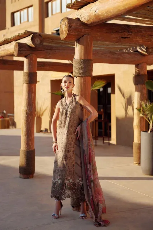 Noor by Saadia Asad Eid Laserkari Lawn 24 Brown Chiffon – view 1 – Poshaq