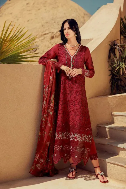 Noor by Saadia Asad Eid Laserkari Lawn 24 Maroon Chiffon – view 1 – Poshaq