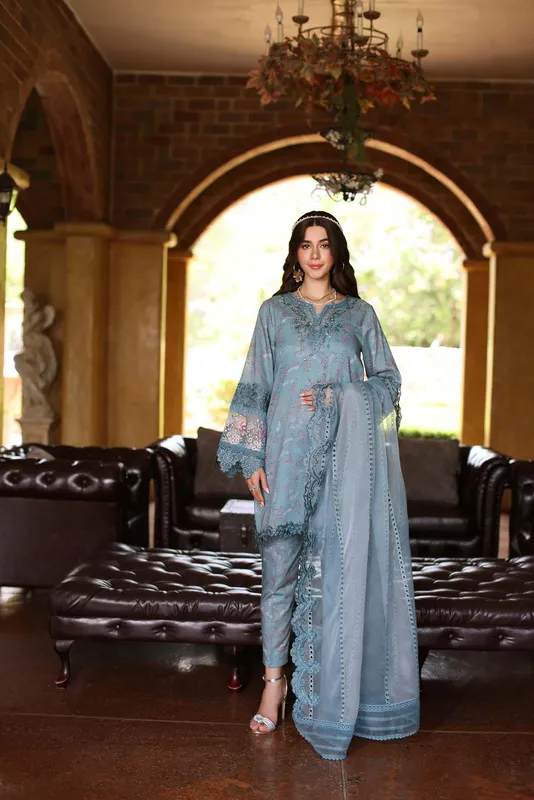 Noor by Saadia Asad Eid Luxe Printkari 24 Blue Organza – view 1 – Poshaq