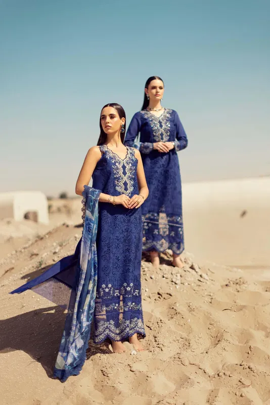 Noor by Saadia Asad Eid Handwork Laserkari Lawn 24 Blue Chiffon – view 1 – Poshaq