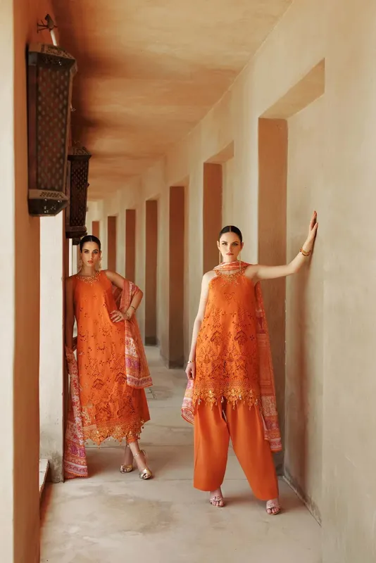 Noor by Saadia Asad Eid Handwork Laserkari Lawn 24 Orange Cambric – view 1 – Poshaq