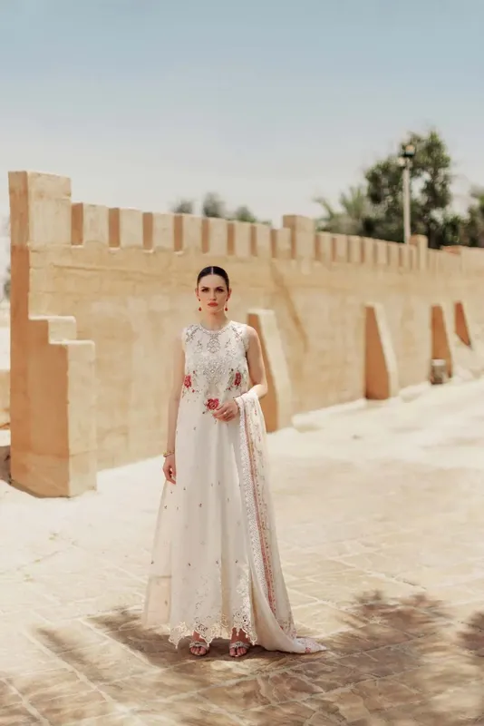 Noor by Saadia Asad Eid Handwork Laserkari Lawn 24 Off White Chiffon – view 1 – Poshaq