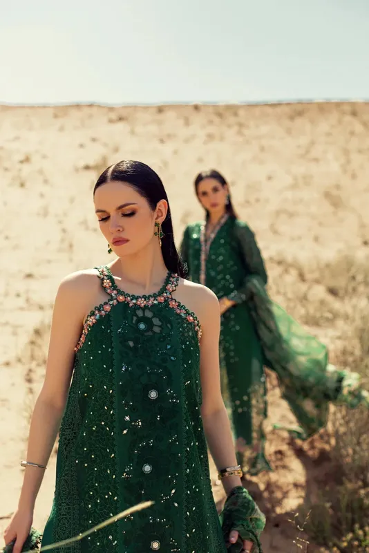 Noor by Saadia Asad Eid Handwork Laserkari Lawn 24 Green Chiffon – view 1 – Poshaq