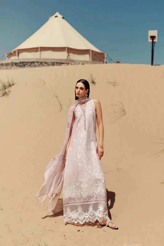 Noor by Saadia Asad Eid Handwork Laserkari Lawn 24 Gold Chiffon – view 1 – Poshaq