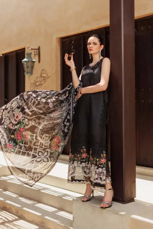 Noor by Saadia Asad Eid Handwork Laserkari Lawn 24 Black Chiffon – view 1 – Poshaq