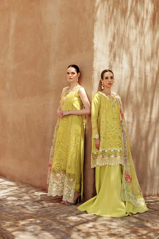 Noor by Saadia Asad Eid Handwork Laserkari Lawn 24 Gold Chiffon – view 1 – Poshaq