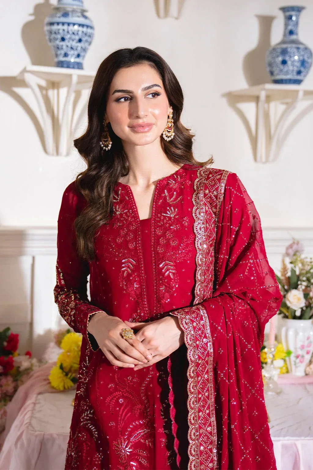 Neeshay Dastaan Formals 25 Deep Red Organza – view 3 – Poshaq