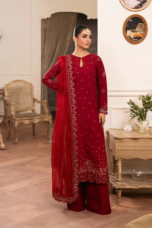 Neeshay Luxe Pret Blood Red Raw Silk – view 1 – Poshaq
