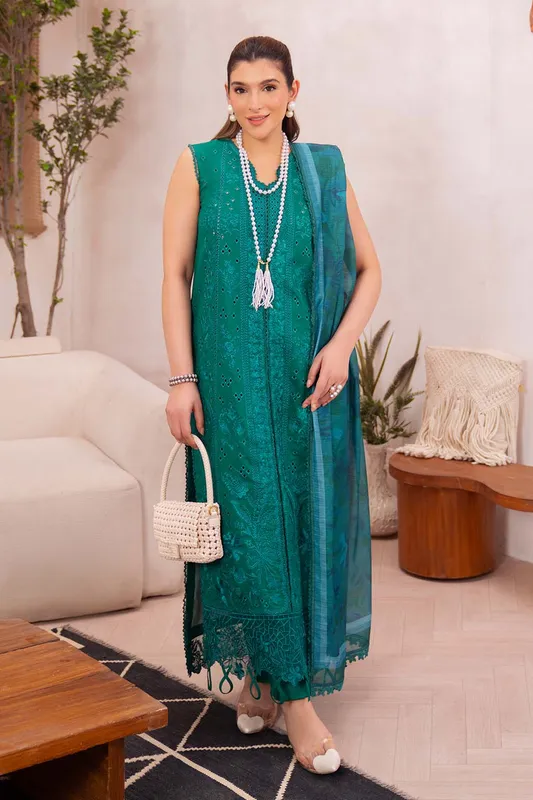 Neeshay Symphony Luxury Lawn Emerald Green Organza – view 1 – Poshaq