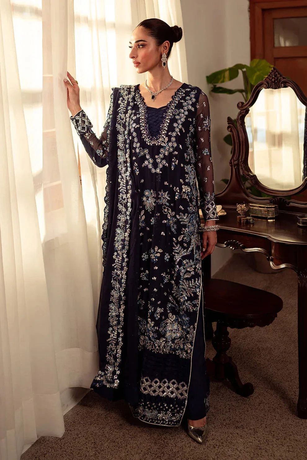 Neeshay Dastaan Luxury Chiffon Navy Blue Organza – view 1 – Poshaq