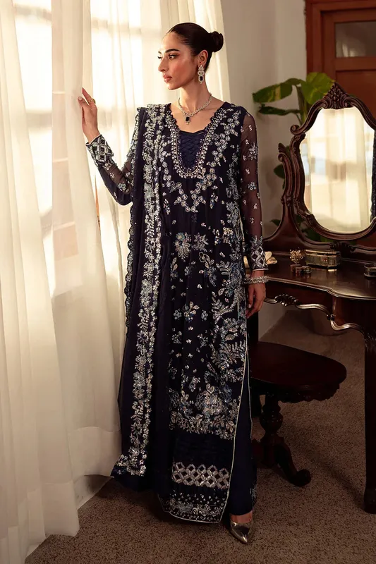 Neeshay Dastaan Luxury Chiffon Navy Blue Organza – view 1 – Poshaq