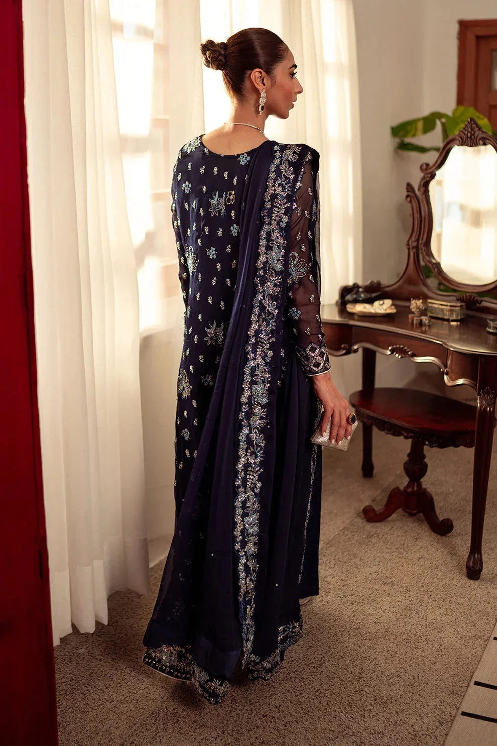 Neeshay Dastaan Luxury Chiffon Navy Blue Organza – view 2 – Poshaq
