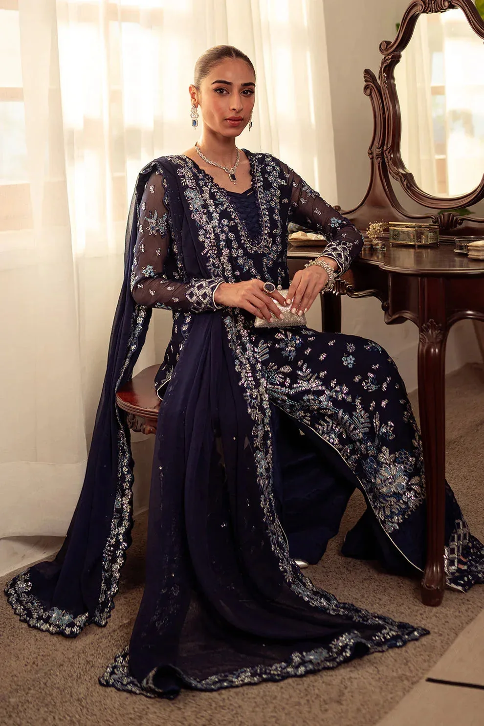 Neeshay Dastaan Luxury Chiffon Navy Blue Organza – view 3 – Poshaq