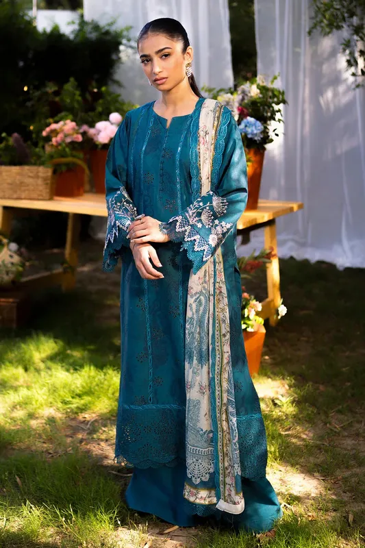 Neeshay Summer Lines Printkari Teal Organza – view 1 – Poshaq