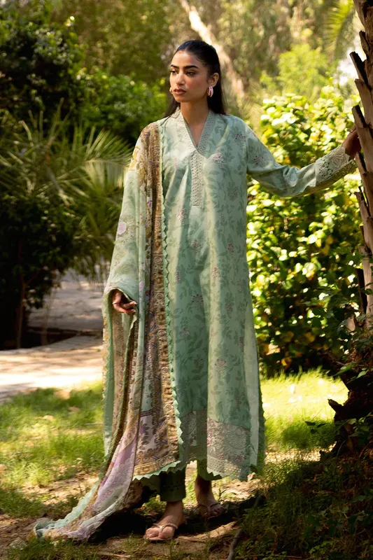 Neeshay Summer Lines Printkari Green Organza – view 1 – Poshaq