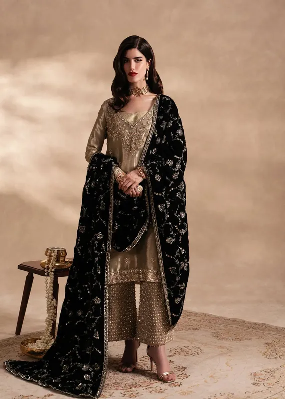 Sadaf Fawad Khan Nafees Formals 25 Golden Velvet – view 1 – Poshaq