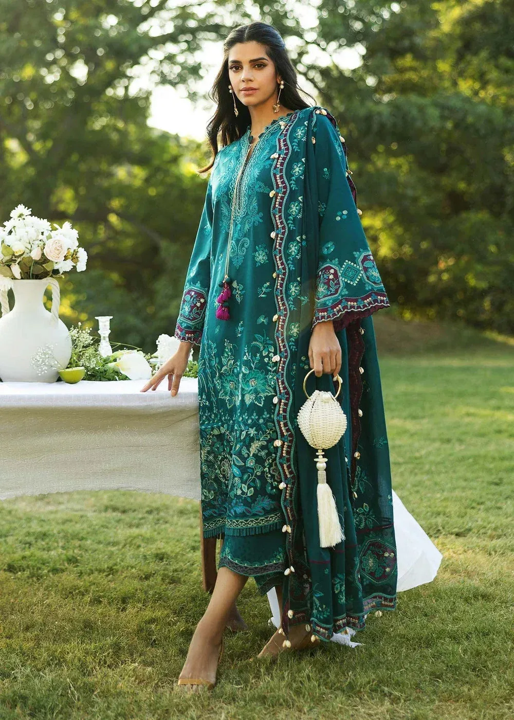 Sadaf Fawad Khan Siraa Lawn 25 Teal Green Organza – view 1 – Poshaq