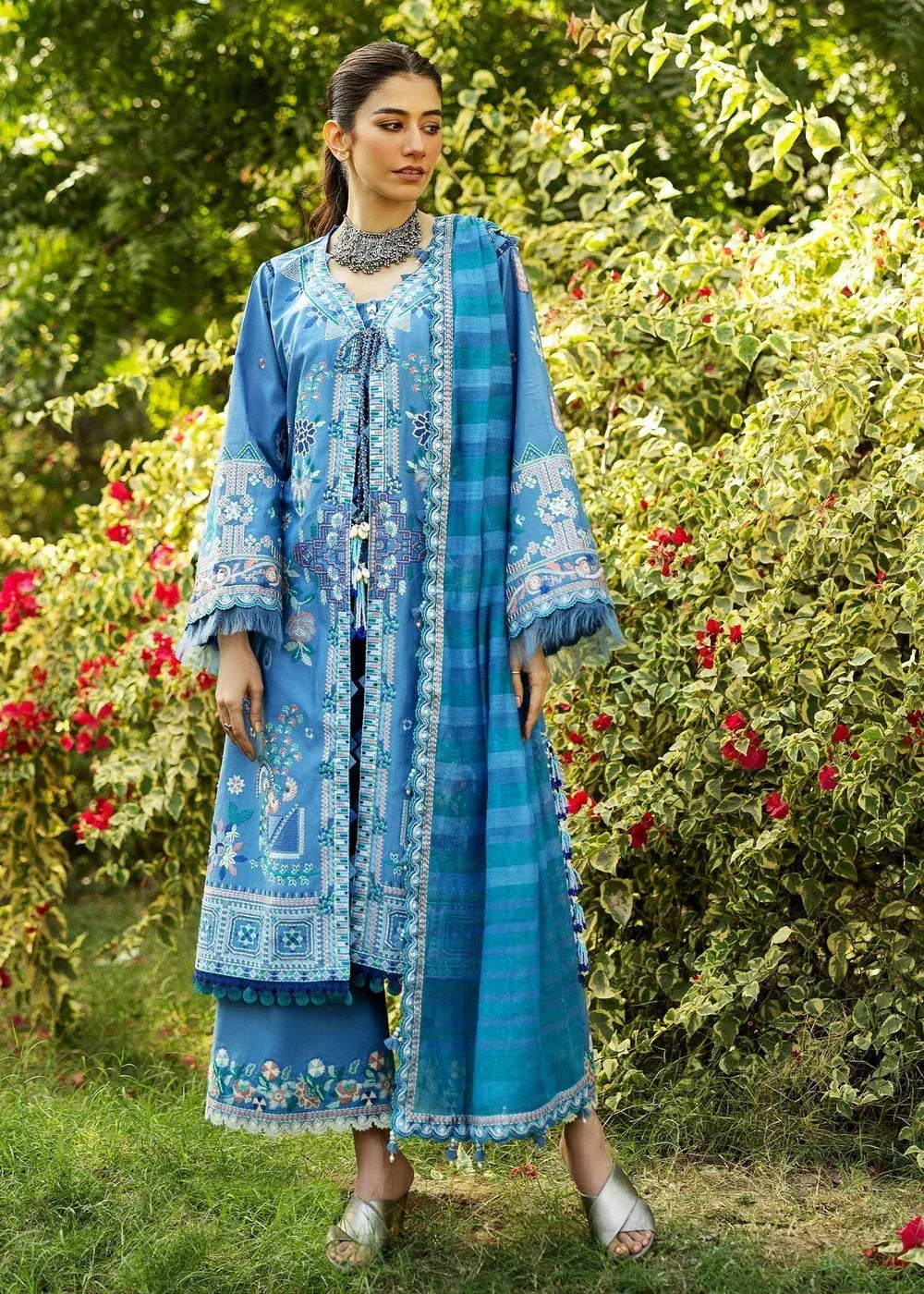 Sadaf Fawad Khan Siraa Lawn 25 Dusty Blue Organza – view 1 – Poshaq