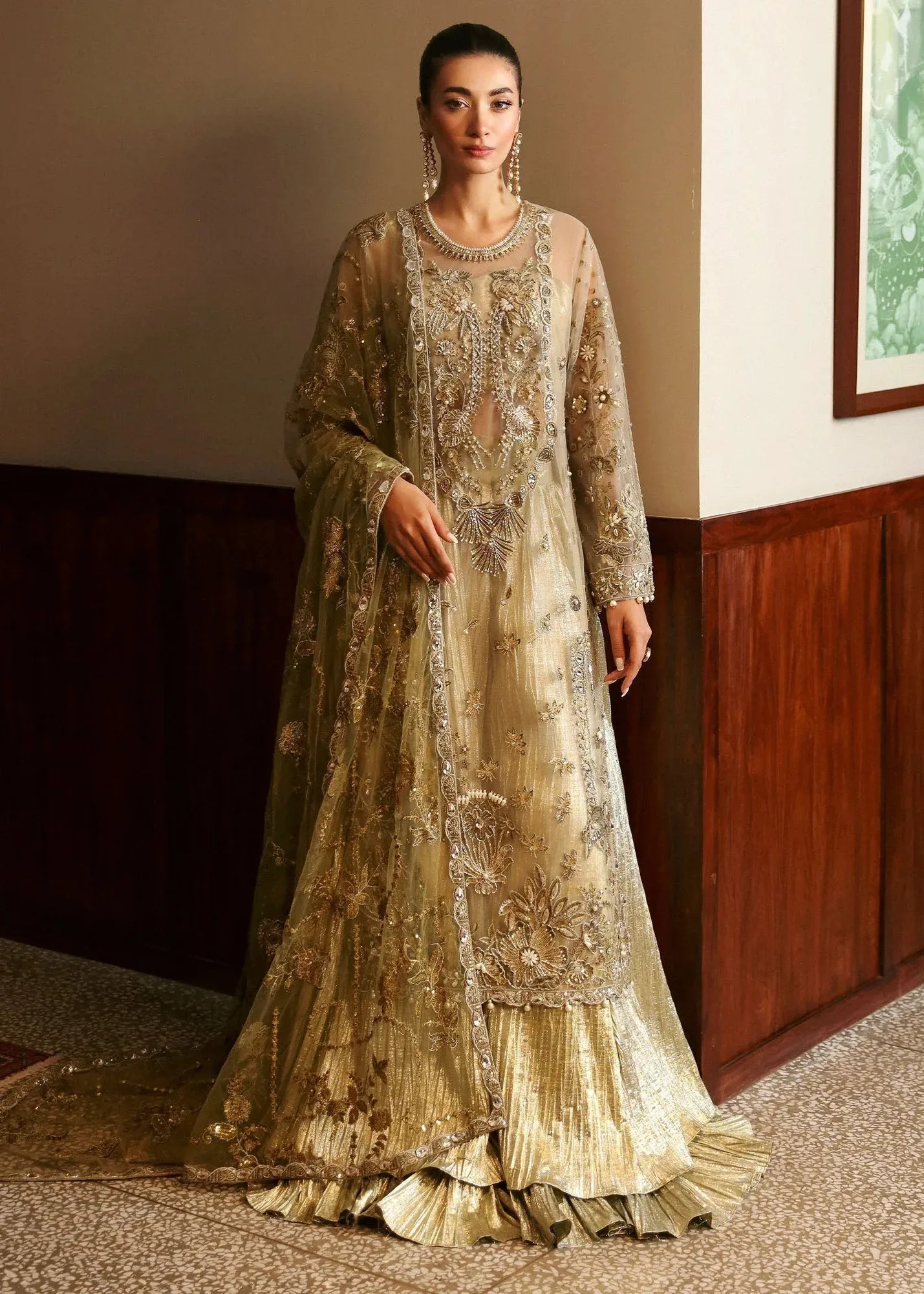 Olive long shirt with crushed lehnga – subtle tissue and net design – view 1 – Poshaq