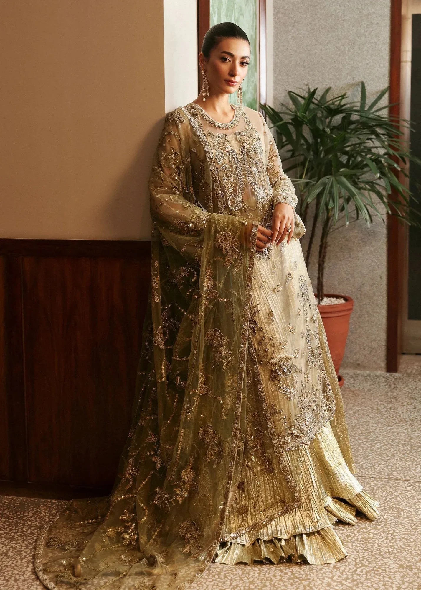 Olive long shirt with crushed lehnga – subtle tissue and net design – view 2 – Poshaq