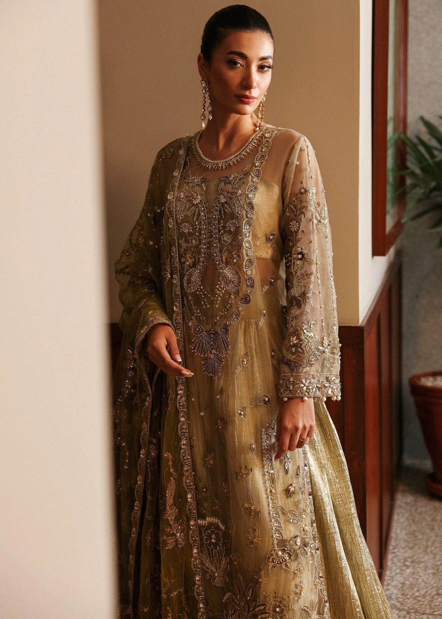 Olive long shirt with crushed lehnga – subtle tissue and net design – view 3 – Poshaq