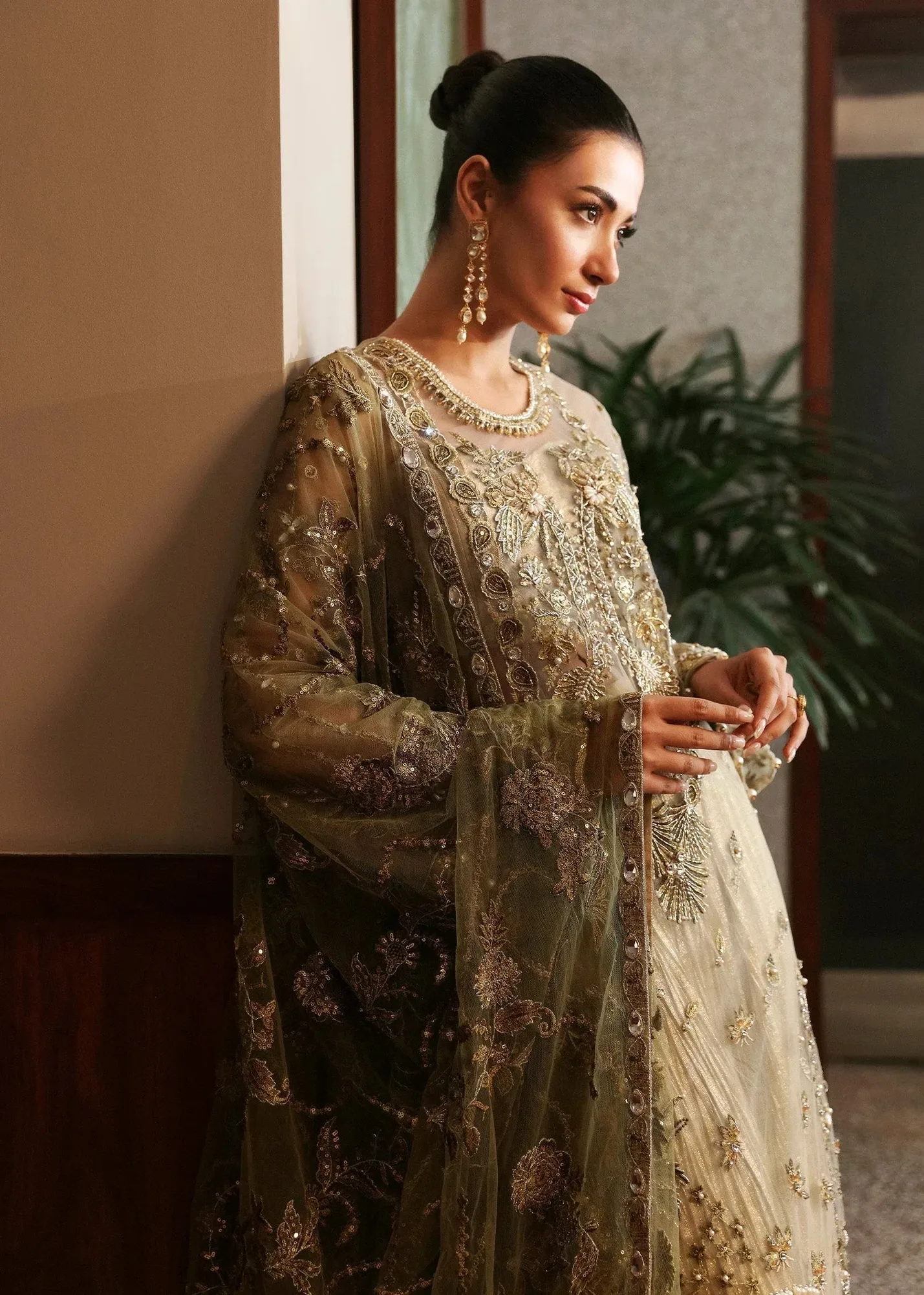 Olive long shirt with crushed lehnga – subtle tissue and net design – view 4 – Poshaq
