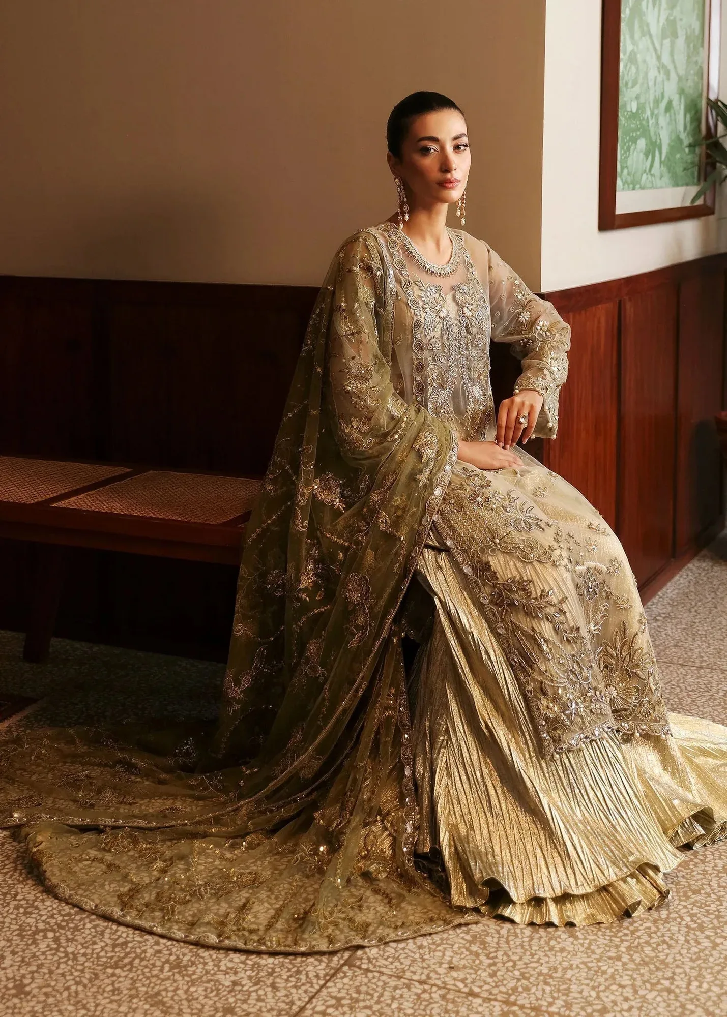 Olive long shirt with crushed lehnga – subtle tissue and net design – view 5 – Poshaq