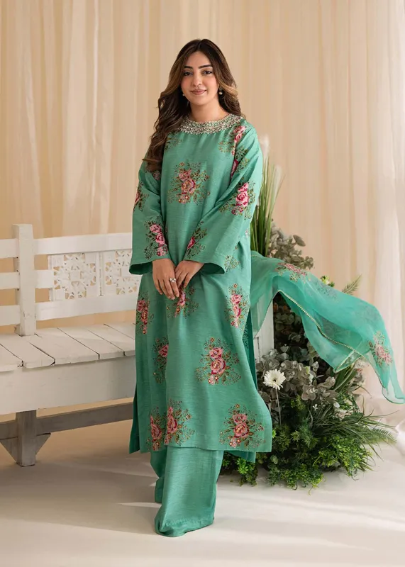 Sadaf Fawad Khan Lyla Festive Pret Turquoise Raw Silk – view 1 – Poshaq