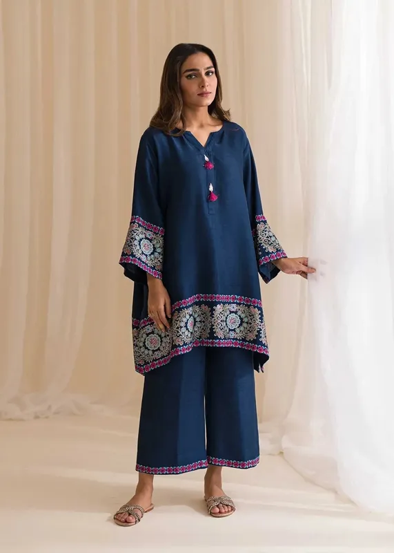 Sadaf Fawad Khan Lyla Festive Pret Navy Blue Raw Silk – view 1 – Poshaq
