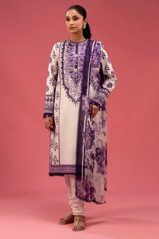Lavender Pinocchio three‑piece lawn set with embroidered organza neckline – view 1 – Poshaq