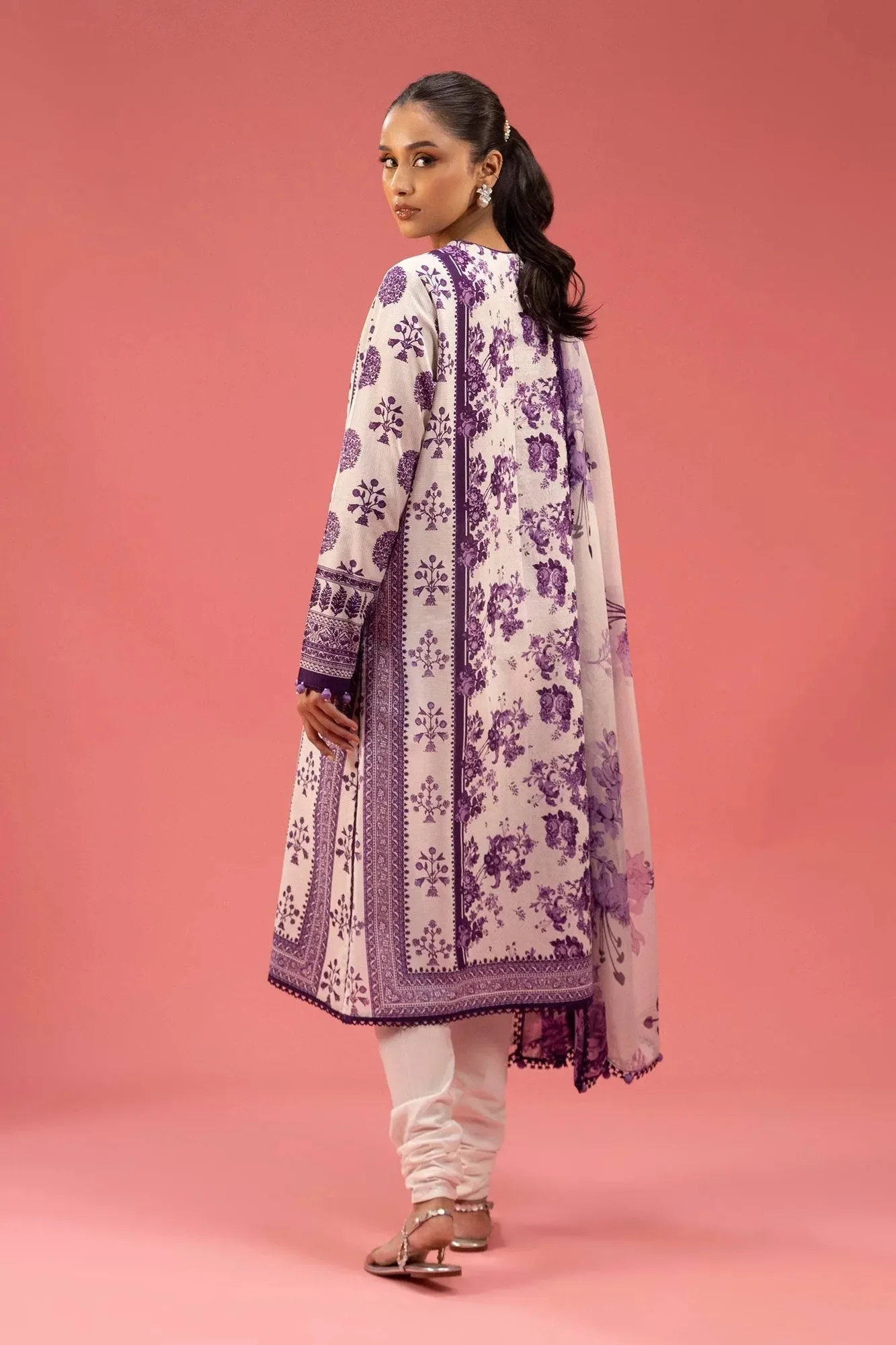 Lavender Pinocchio three‑piece lawn set with embroidered organza neckline – view 2 – Poshaq