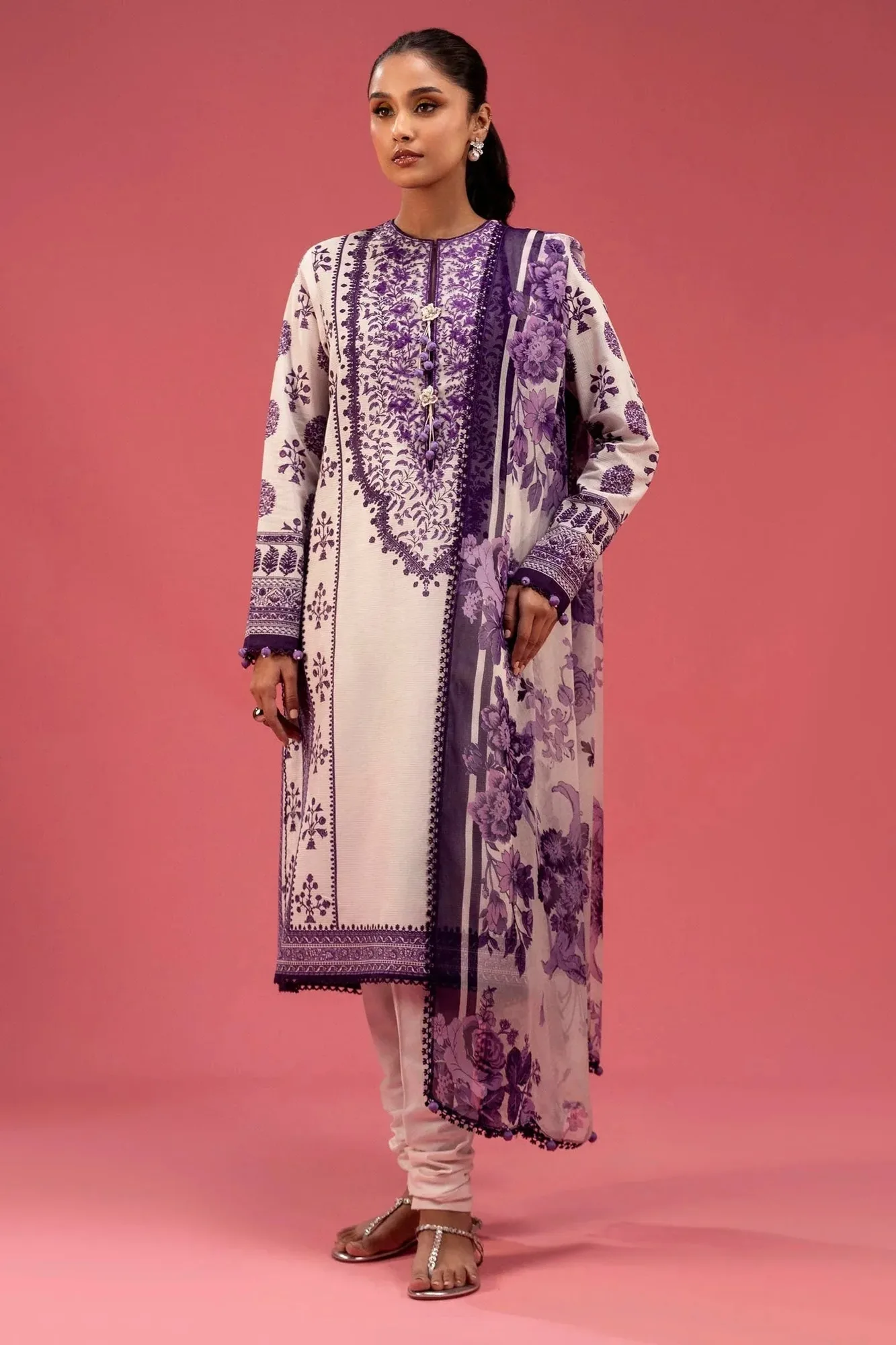 Lavender Pinocchio three‑piece lawn set with embroidered organza neckline – view 4 – Poshaq