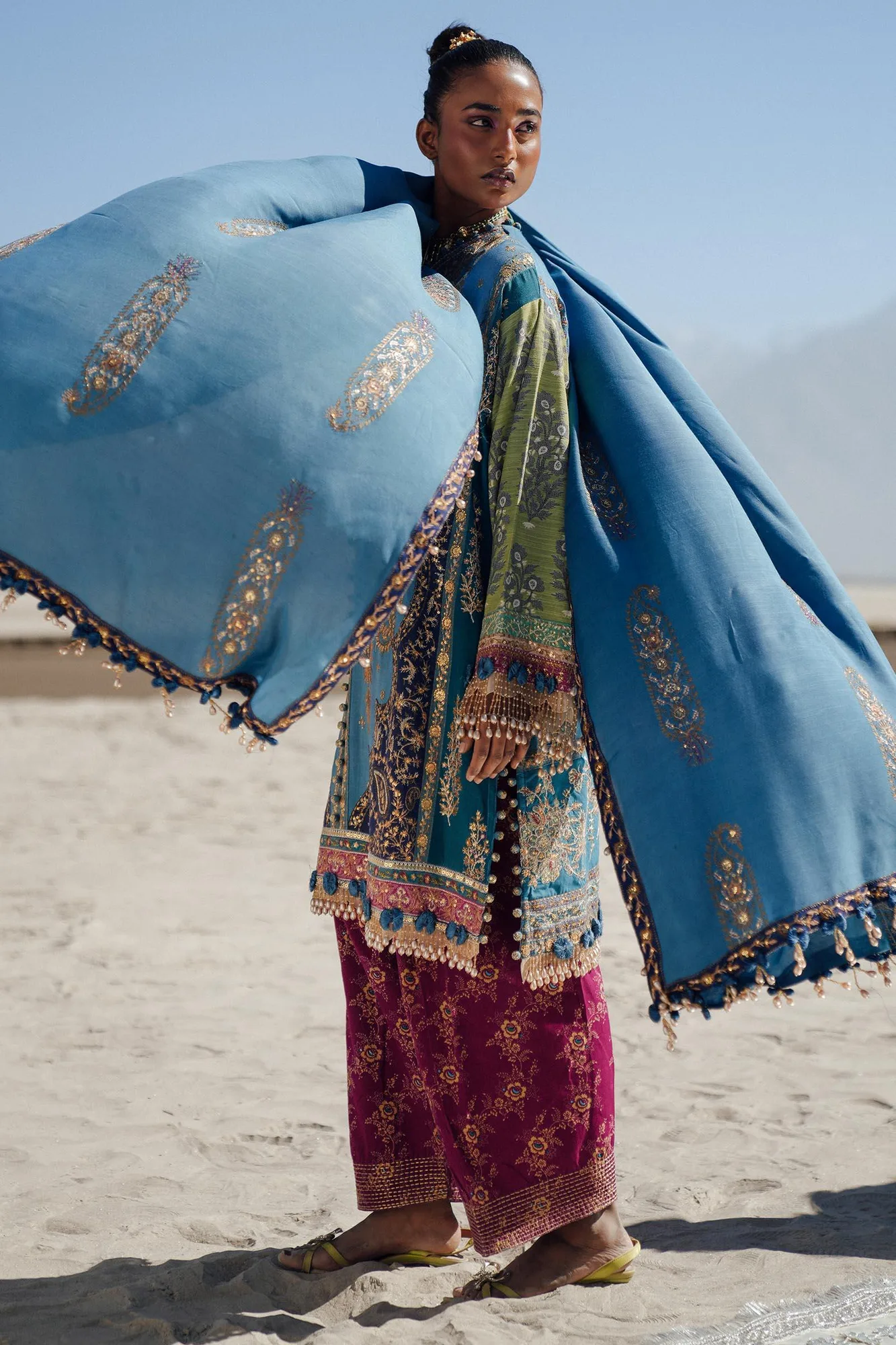 Sana Safinaz Winter Shawl 24 Dusty Blue Raw Silk – view 2 – Poshaq
